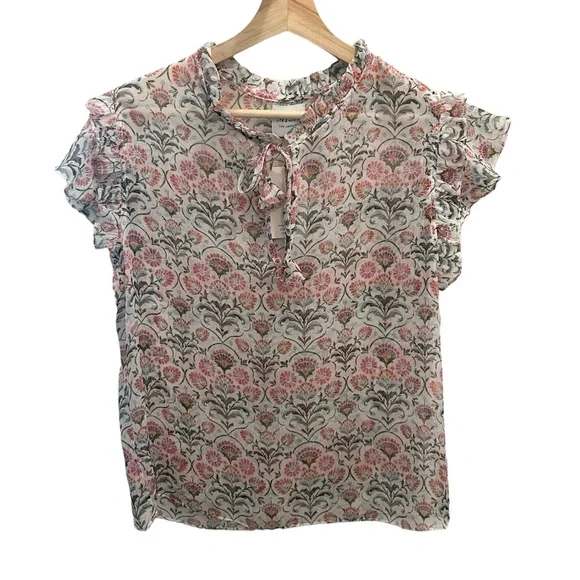 MISA Basia Sheer Chiffon Blockprint Flutter Sleeve Tassel Tie Split Neck Top - Picture 3 of 7